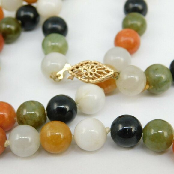 ESTATE 14K YELLOW GOLD 8MM MULTICOLORED JADE BEAD NECKLACE 50.9 GRAMS 20" LONG - Picture 5 of 8